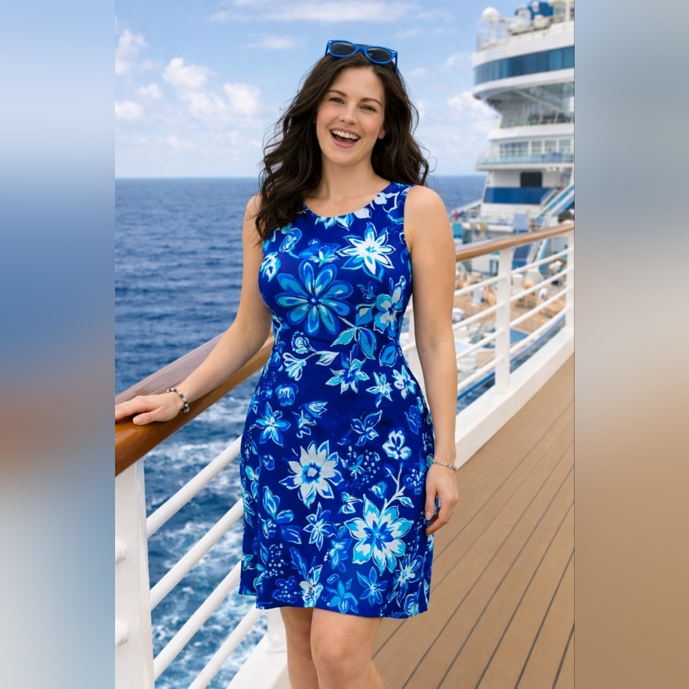 Ralph Lauren Womens Size 14 Blue & White Tropical Floral Sleeveless Midi Dress